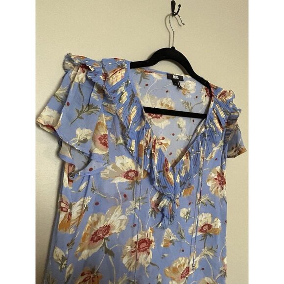 SILK Paige Women's Blue Floral Ruffle Sheer Blouse Top Size Small Flutter Sleeve - Picture 4 of 10